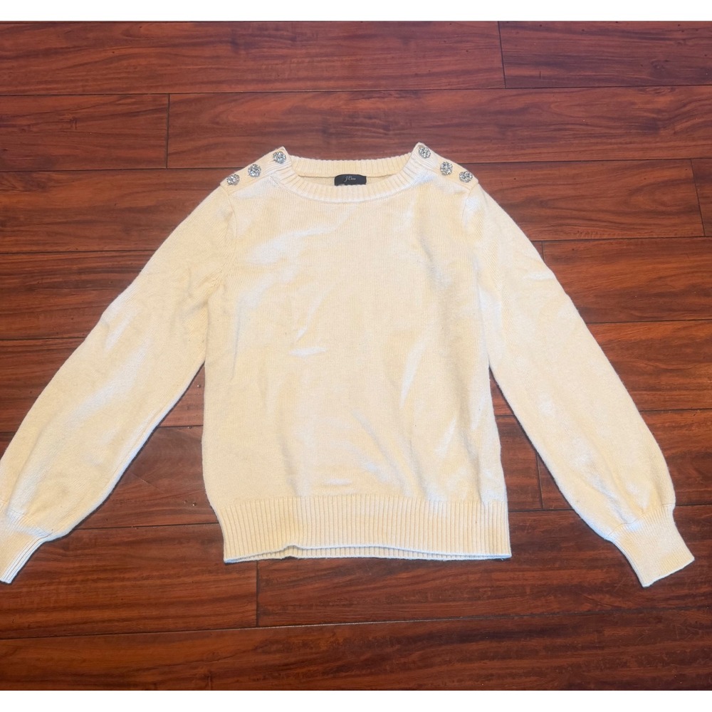 J. Crew Womens Cream Lambswool Blend Rhinestone Button Shoulder Sweater Small